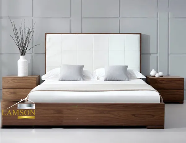 Giường ngủ gỗ công nghiệp thiết kế phần đầu giường cao 1m bọc nệm trắng hiện đại