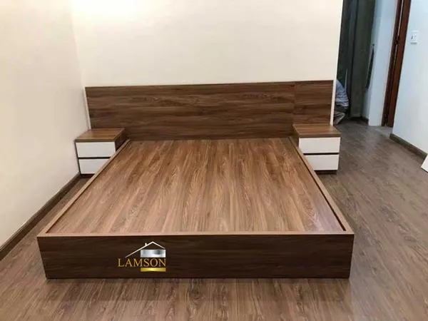 Giường gỗ công nghiệp tích hợp 2 tap đầu giường gỗ tự nhiên kết hợp 2 ngăn kéo cực đa năng