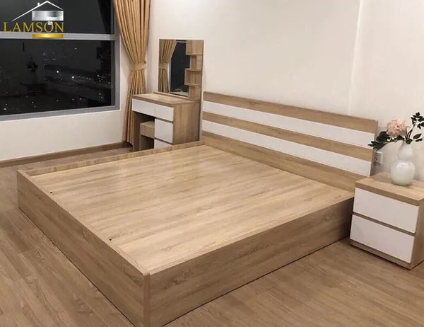 Giường gỗ công nghiệp giá rẻ chỉ 3 triệu cho giường 1m6 x 2m. Giường ngủ giá rẻ vân nâu kết hợp Nội thất Lam Sơn
