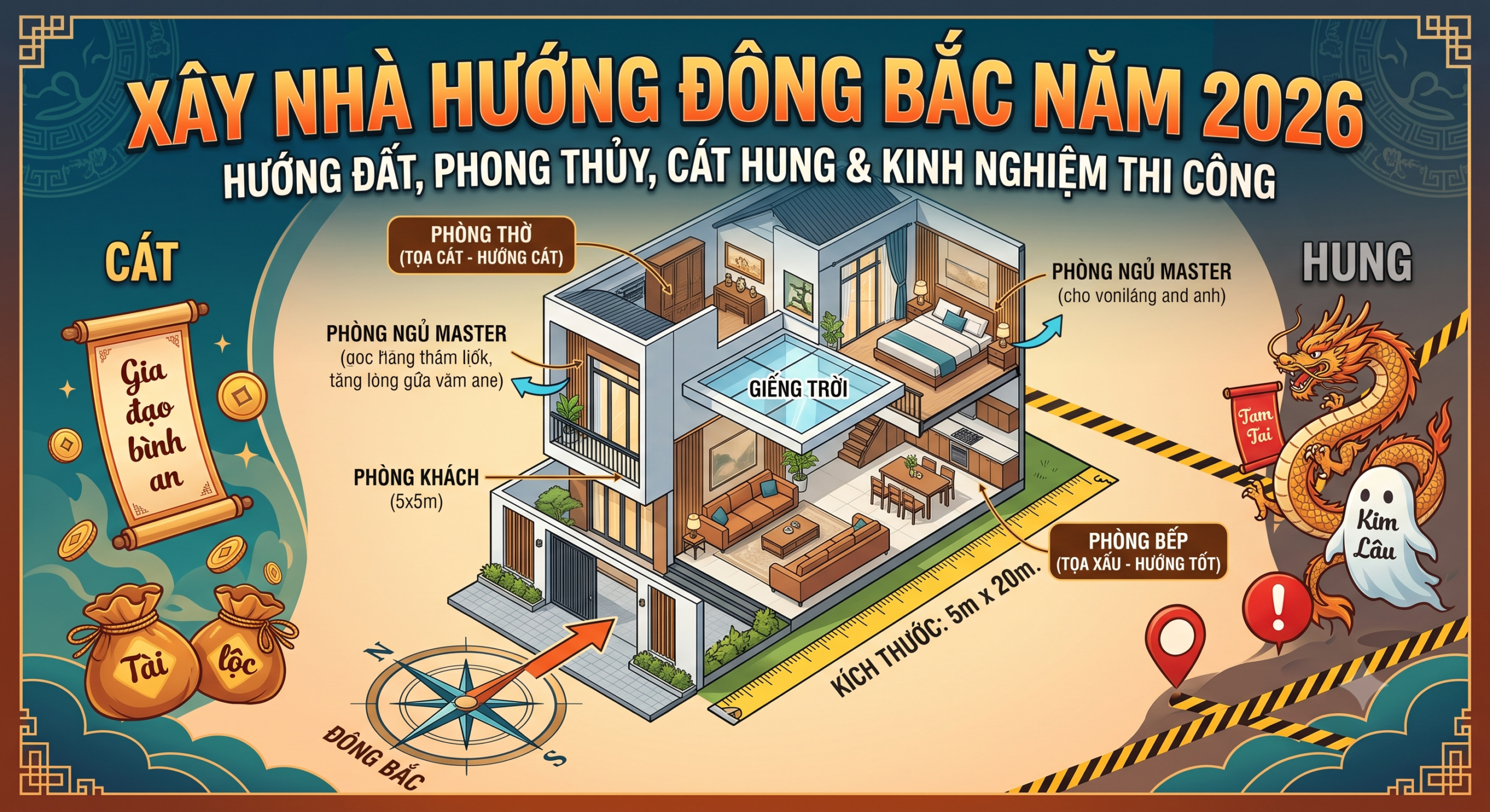Xây nhà hướng Đông Bắc năm 2026: Phong thủy, Cát hung và Kinh nghiệm thi công từ A-Z